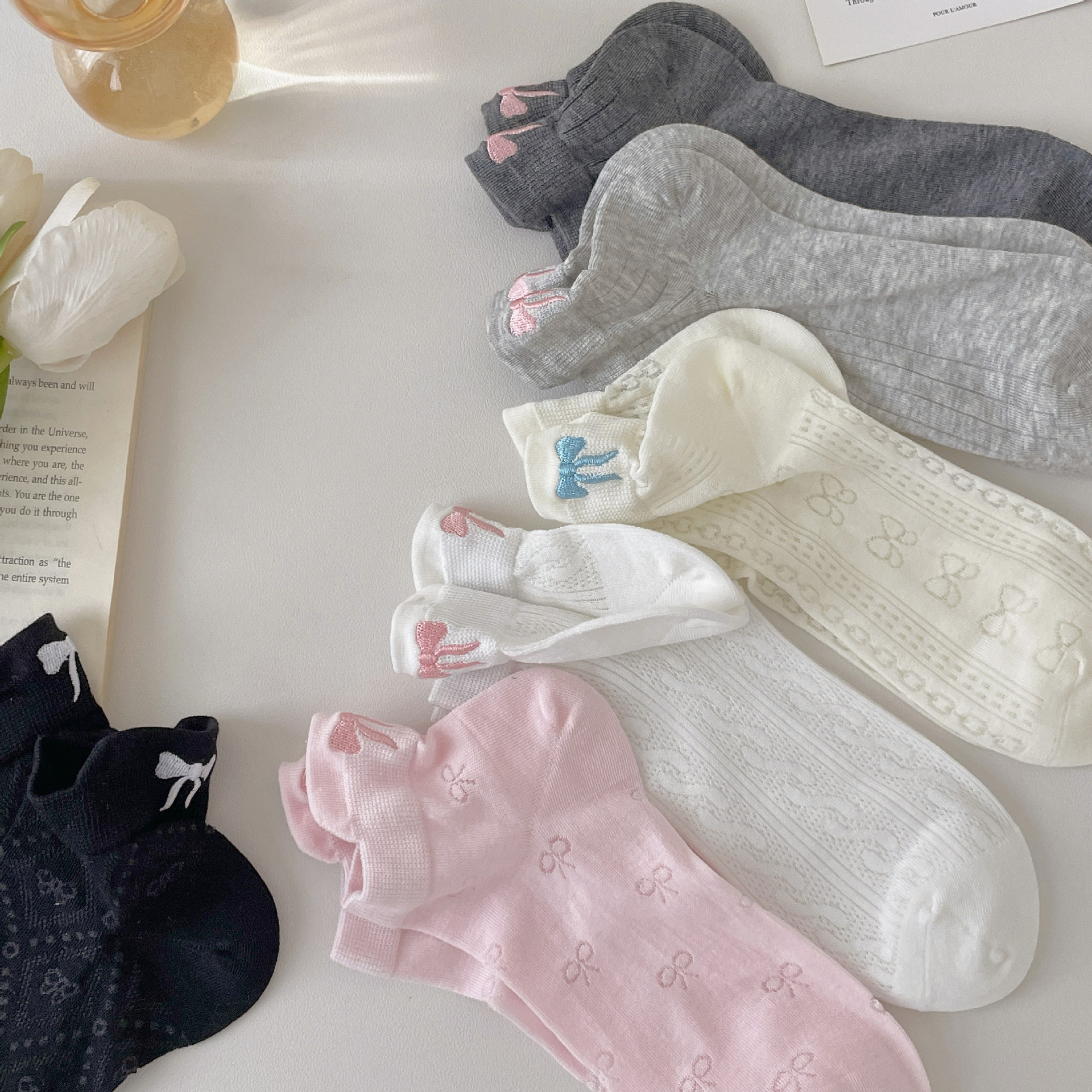 夏季薄款後跟刺繡蝴蝶結船襪透氣暗紋短筒襪ins潮韓版甜美女士襪