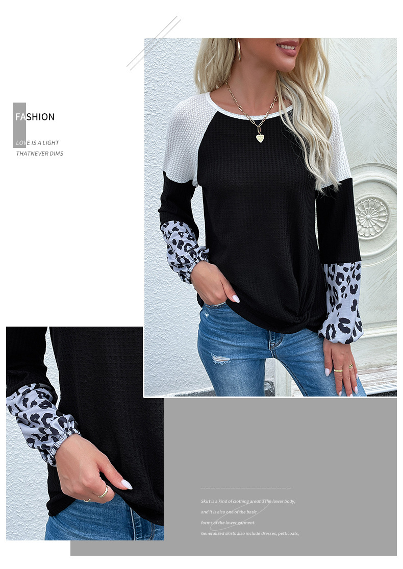 Maglione a maniche lunghe con stampa leopardata a contrasto di colore_voghion.com