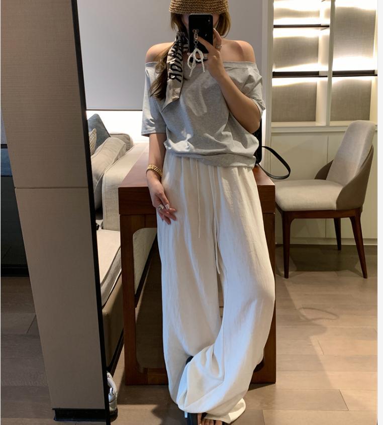 Quần culottes nữ ống rộng cạp chun rút dây chất liệu linen phối tencel dáng dài mùa hè — màu đen, Trà trắng, xanh lam chi tiết 7