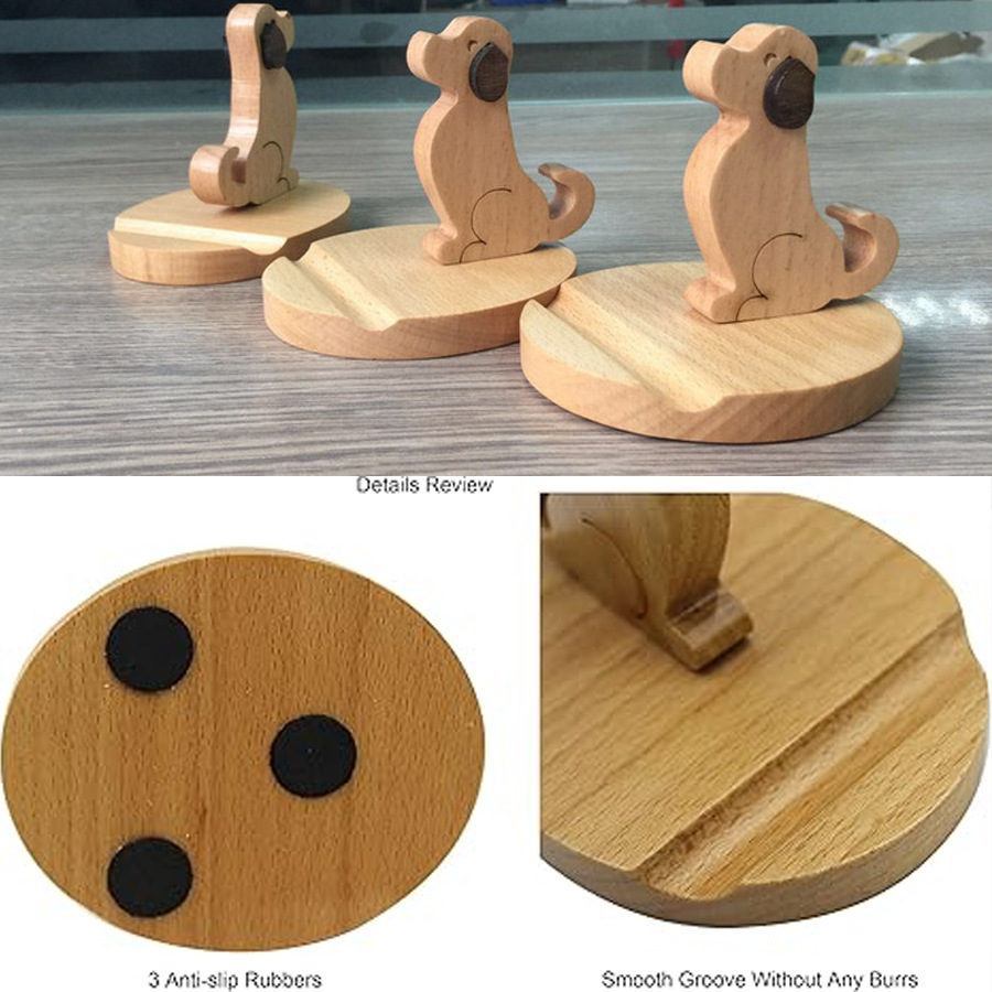 90g Weight Mobile Phone Holder Classification Wood Material Dog Pattern Cute Style Cute Dog Wood Mobile Phone Holder 5