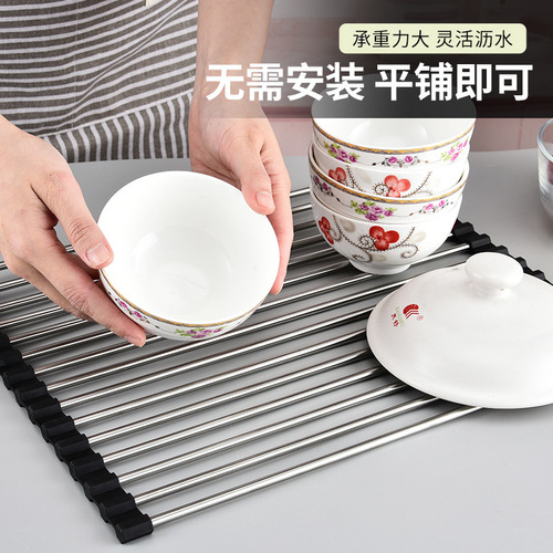 Mail Delivery Free Foldable Stainless Steel Drain Rack Kitchen Sink Drain Organizer Rack Anti-Slip Roller Curtain Rack Drain Bowl Stand