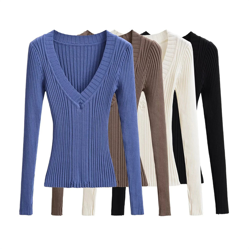 Basic Ribbed Long-Sleeve Knit Sweater for Women, Autumn Waist-Cinching Slimming Elastic Deep V-Neck Pullover Base Shirt Top Basic Ribbed Long-Sleeve Knit Sweater for Women, Autumn Waist-Cinching Slimming Elastic Deep V-Neck Pullover Base Shirt Top