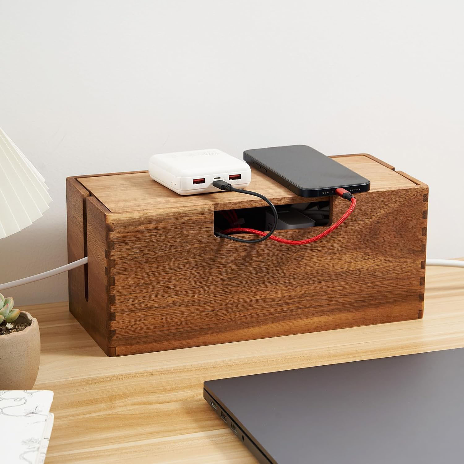 Eco-Friendly Acacia Wood Modern Multi-Functional Cable Management Box Wire Hider Wire Storage Household Organizer