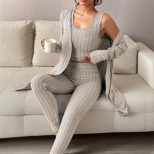 Autumn/Winter European and American Women's Casual V-Neck Sweater and Pants Set with Home Clothes Three-Piece Set