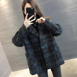 【570】法式薄款仿呢料外套女春秋韩版洋气格子西装短款宽松上衣