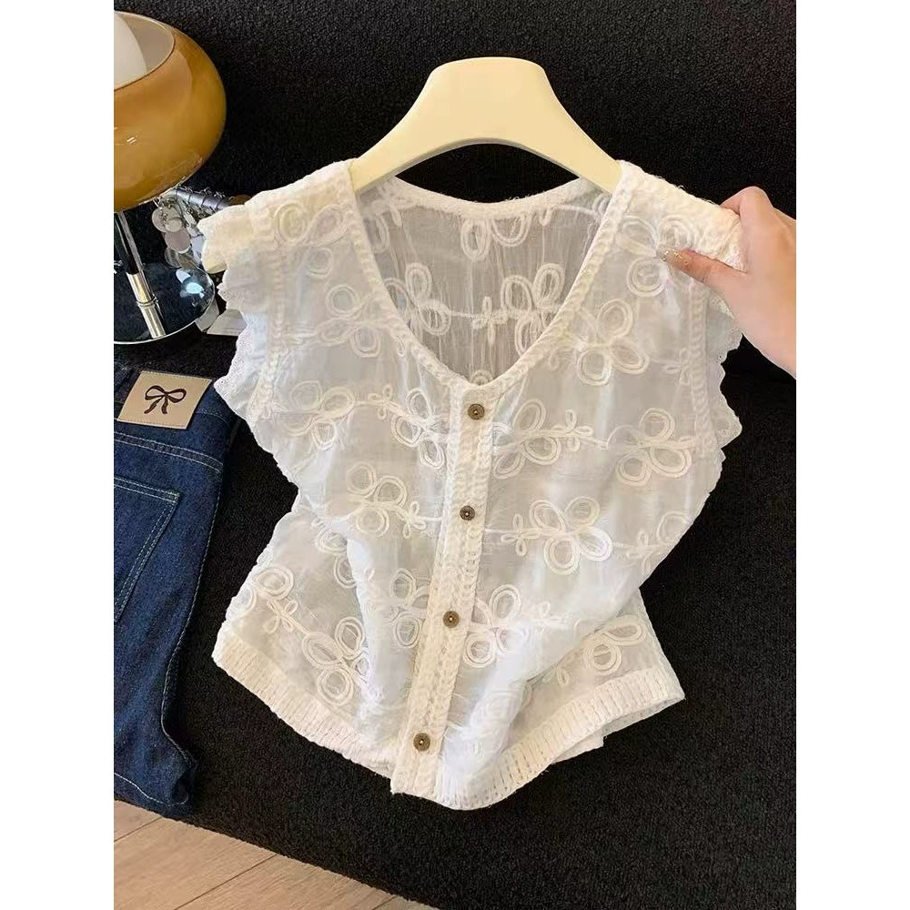 Летний новый стиль, французский тяжелый кружевной жилет без рукавов с вышивкой, женский внешний короткий топ 3350
