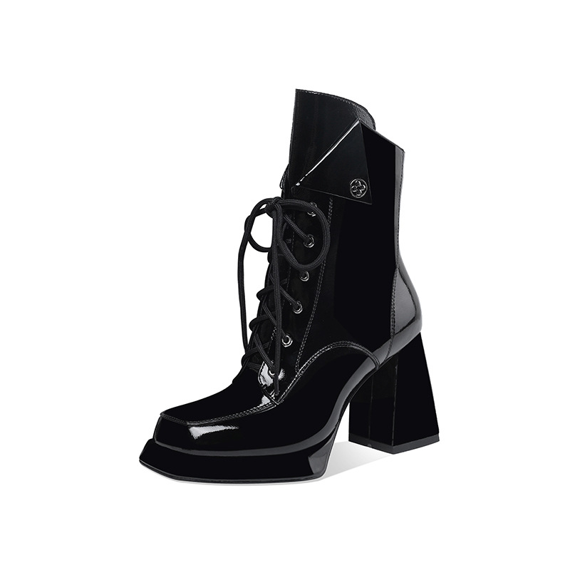 Boot nữ cổ thấp dây buộc khóa kéo gót vuông 9 cm da bóng — Lót nhung đen