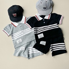 2024新款兒童休閒套裝寶寶洋氣翻領拼色條槓TB風帥氣兩件套衣服潮