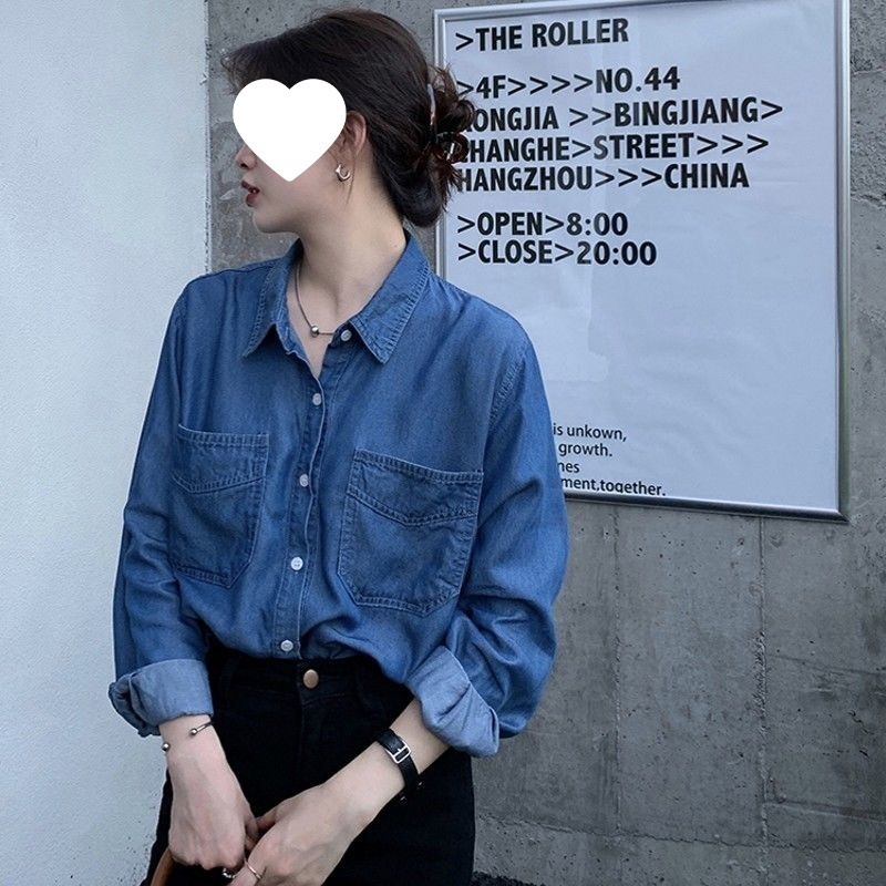 牛仔衬衫女春秋新款长袖宽松慵懒复古休闲衬衣中长款显瘦外套薄款|undefined