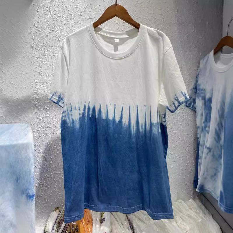 Yunnan Dali Tie-Dye T-Shirt Men's Blue Dyed Round Neck Loose Short-Sleeved T-Shirt Vest Tie-Dye T-Shirt Manufacturer Wholesale