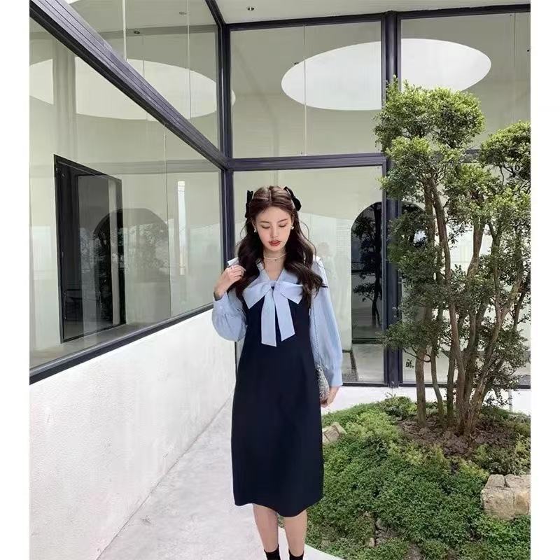 French-Style Gentle Blue Shirt Dress 2025 Early Autumn New Hepburn Long Dress with Navy Collar Showing Collarbone