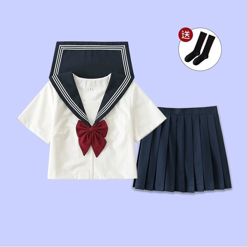白黒三本JK制服スカートベーシック本格セーラー服日本カレッジスタイルスーツ半袖ミドル服レディース夏|undefined