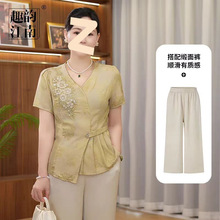 妈妈夏装中式小衫套装国风短袖上衣新款中老年夏季时尚两件套