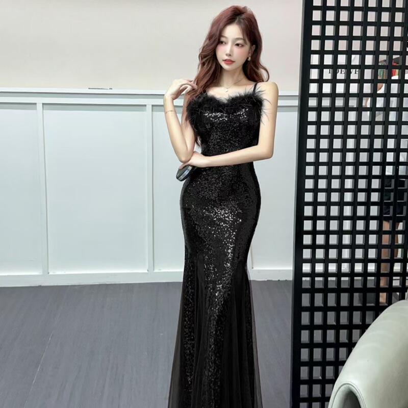 High-End Evening Dress New Elegant Banquet Host Heavy Industry Sequined Fishtail Long Dress