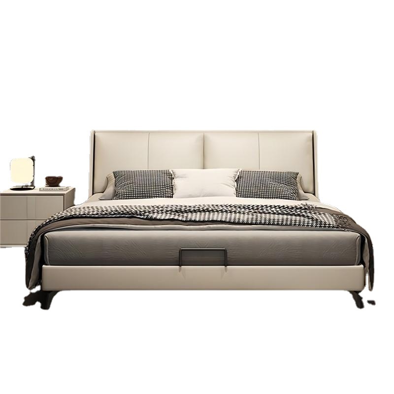 Italiano cama de cuero genuino minimalista moderno dormitorio principal minimalista Internet celebridad diseñador cama doble luz cama de cuero de lujo bolsa suave cama de boda image 7