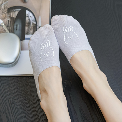 Children's Invisible Socks for Spring and Summer, Breathable Mesh with Heat Transfer Printing, Solid Color Cotton Socks, Cute Rabbit Cartoon Design, Thin Model, Low-Cut Boat Socks