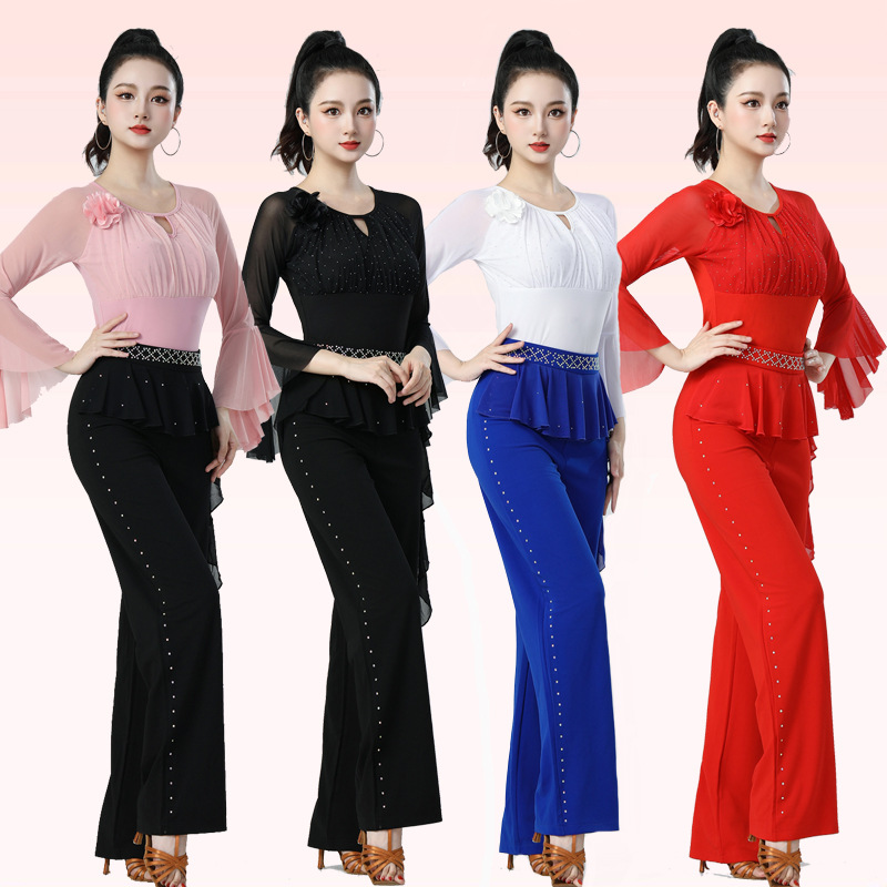 Square Dance Modern Dance Black Top New Style Women's Slim Fit Rhinestone Round Neck Mid-Sleeve Latin Dance Wear Jitterbug Dance Wear