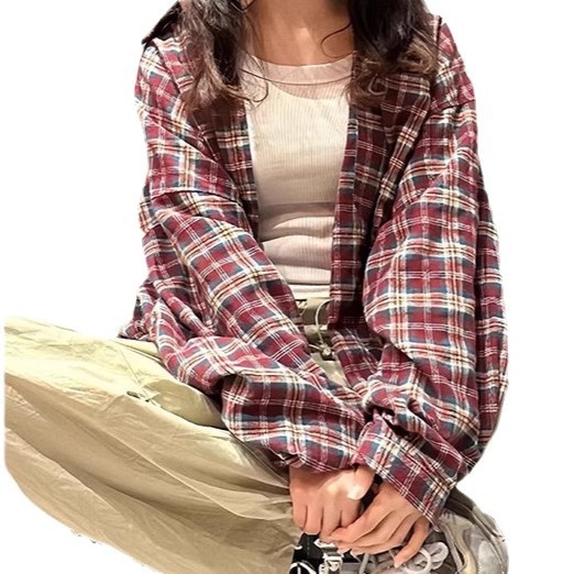 미국 격자 무늬 셔츠 여성의 가을 빨간색과 파란색 대비 폴로 칼라 캐주얼 셔츠 오버 사이즈 느슨한 태양 보호 재킷