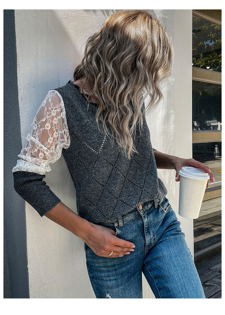 Solid Color Lace Splicing V-neck Pullover Sweater Pullover_voghion.com