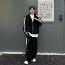 条纹服套装春秋季2024年新款时尚宽松拼色户外情侣休闲运动两件套