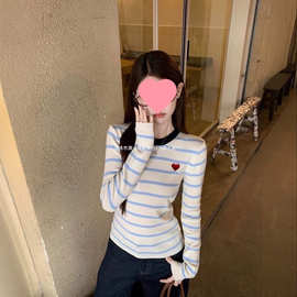爱心刺绣条纹长袖针织衫女修身内搭打底毛衣图片色