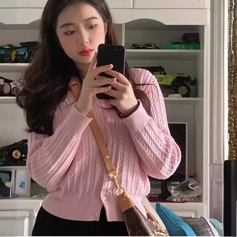 拉夫小马圆领刺绣针织开衫女新款复古麻花显瘦针织衫上衣外套毛衣|undefined