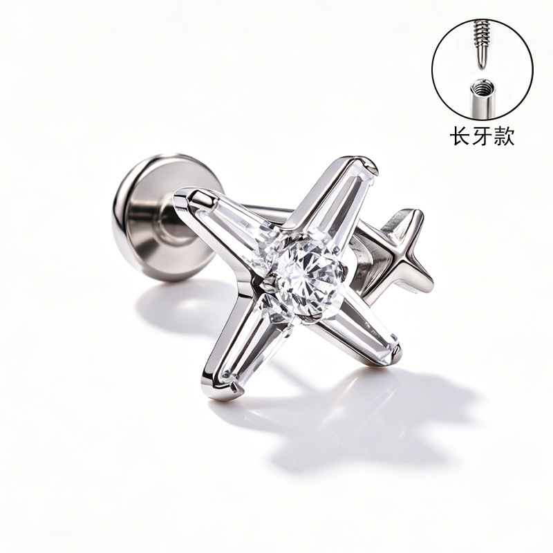 F136 Titanium Alloy Ear Studs, Finely Carved Ear Bone Studs, Long Tooth Style with Zirconia, Lip Studs, G23 Titanium Body Piercing Jewelry detail image 17