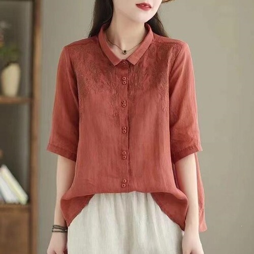 New style national style retro small square collar embroidered shirt with five quarter sleeves temperament age-reducing small shirt for women