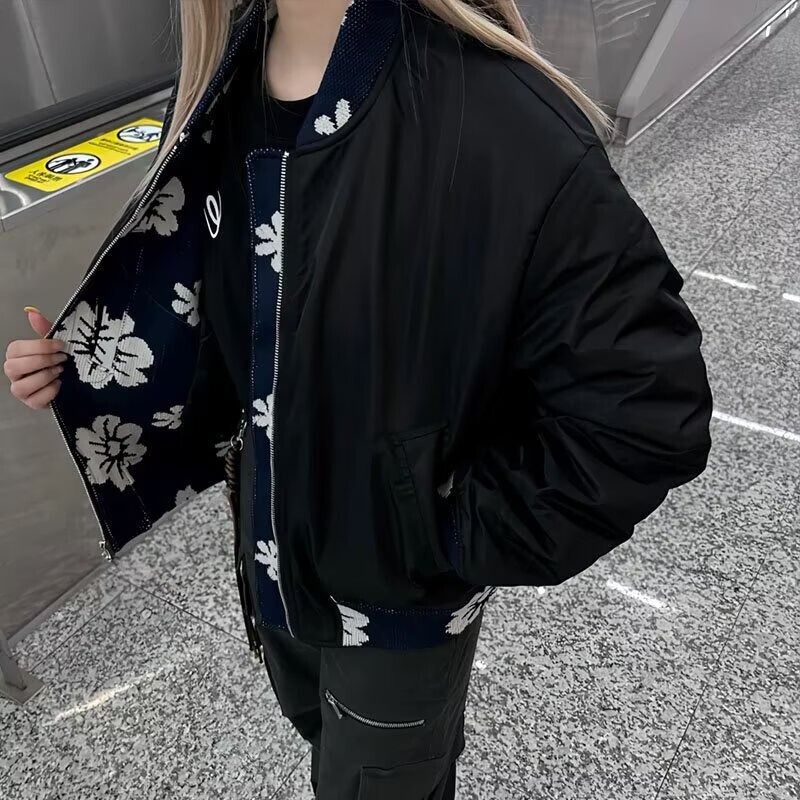 American Retro Jacquard High-End Baseball Jacket for Women, Loose Trendy Brand, Stylish Pilot Jacket in Pink and Blue