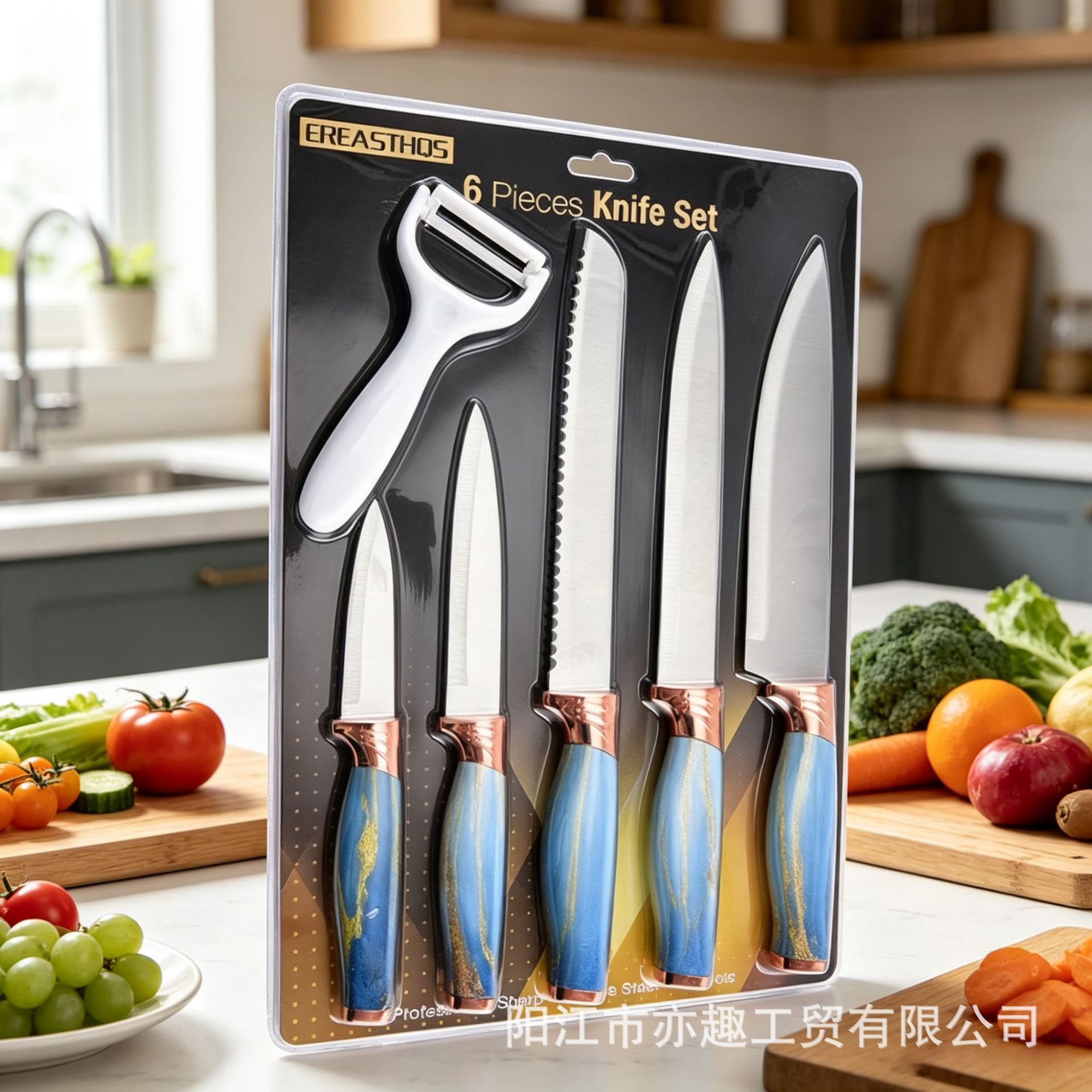 Comercio exterior cuchillo de cocina de acero inoxidable cuchillo de succión de tarjeta de cuchillo de cocina de seis piezas cuchillo de cabeza galvanizado cuchillo de cocina doméstico conjunto