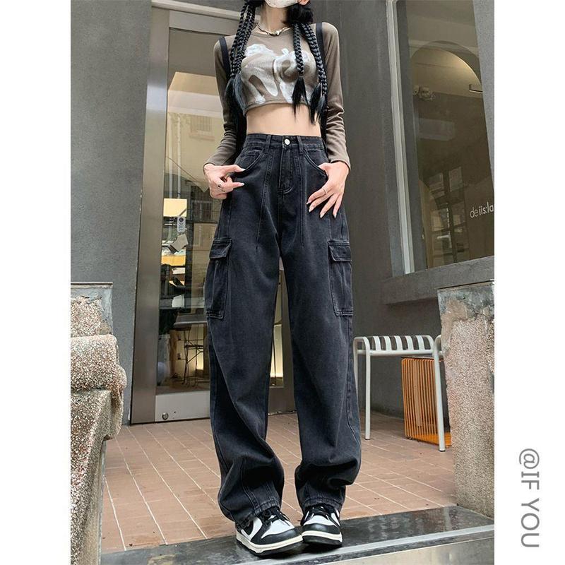 港风复古大口袋工装牛仔裤女秋秋季潮牌直筒宽松百搭垂感阔腿长裤|undefined
