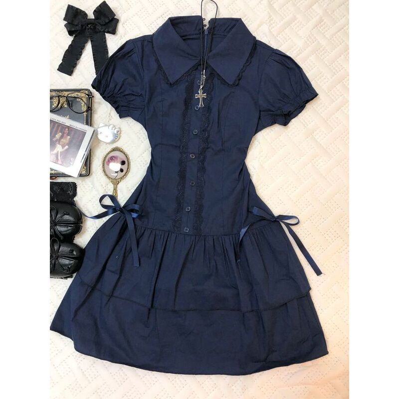 Now Available: H Vintage Retro Outfit with a Preppy Style Lace-Trimmed Patchwork Retro Shirt Dress and Vintage-Style Short Skirt