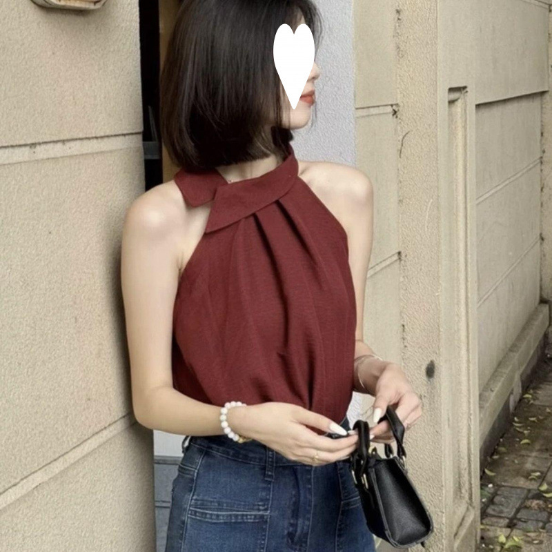 Sexy Sleeveless Halter Neck Off-Shoulder Tank Top Shirt for Women, New Summer Style, Super Fairy-Like, Fresh and Trendy, Solid Color Versatile Top