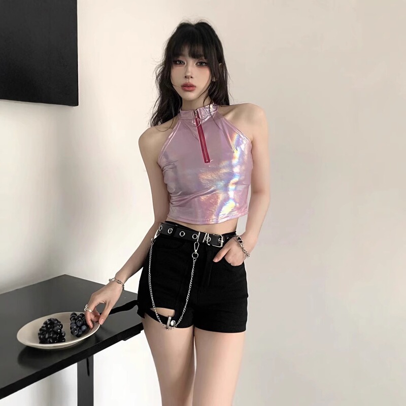 Hanging Neck Sexy Laser Shine Pink Short Top High Waist Elastic Shorts Slim Fit Vest T-Shirt Two-piece Set for Women Hanging Neck Sexy Laser Shine Pink Short Top High Waist Elastic Shorts Slim Fit Vest T-Shirt Two-piece Set for Women