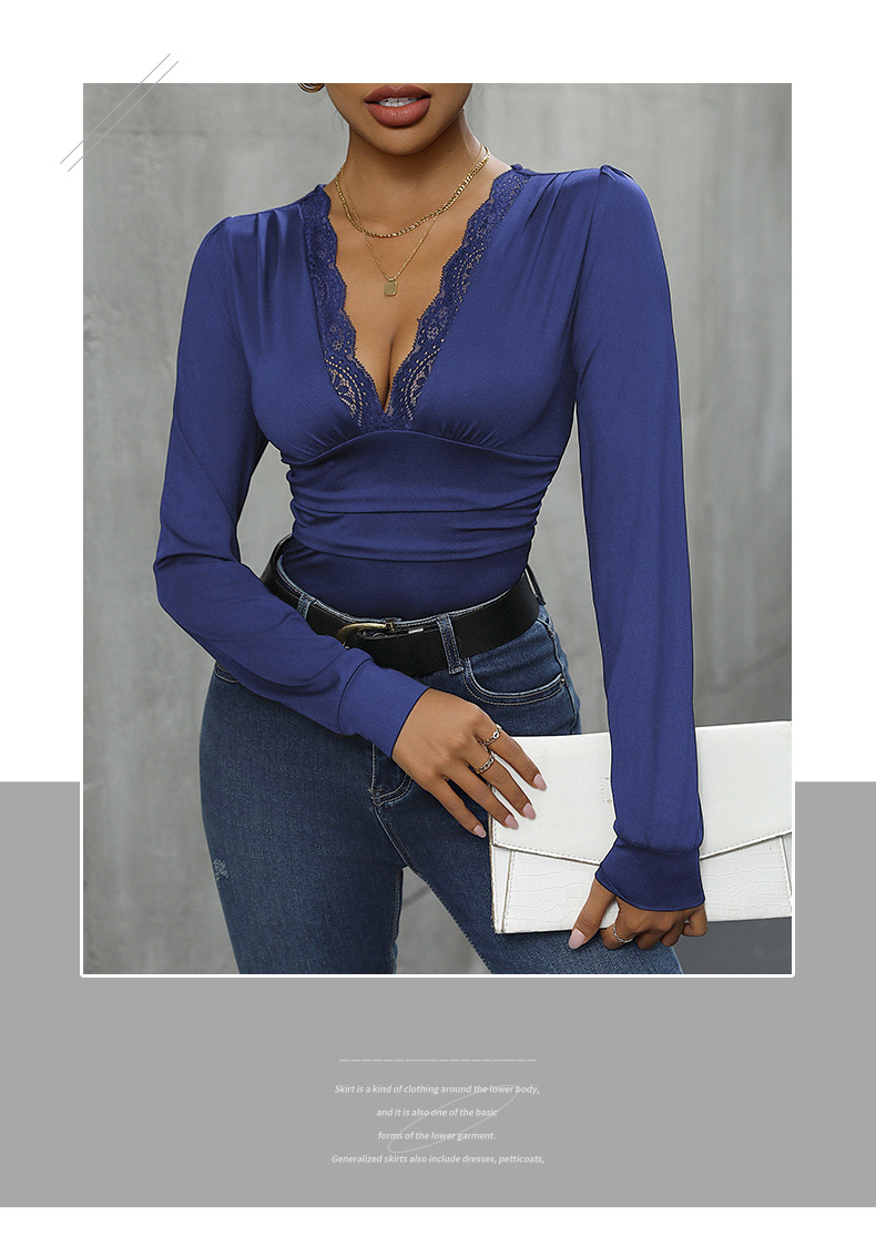 Solid Color Lace Stitching Elegant Long-sleeved Slim Fit Jumpsuit_voghion.com