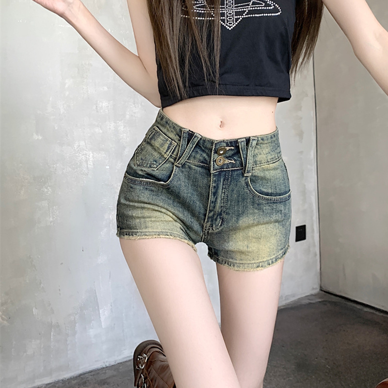 Little Girl Stretch Retro Denim Shorts Girls 2024 Summer New High Waist Straight Wide Leg Hot Pants
