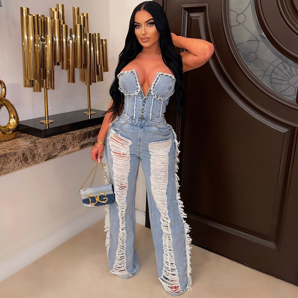 Sexy Hollowed Out Broken Zipper Long Style Wrapped Denim Jumpsuit