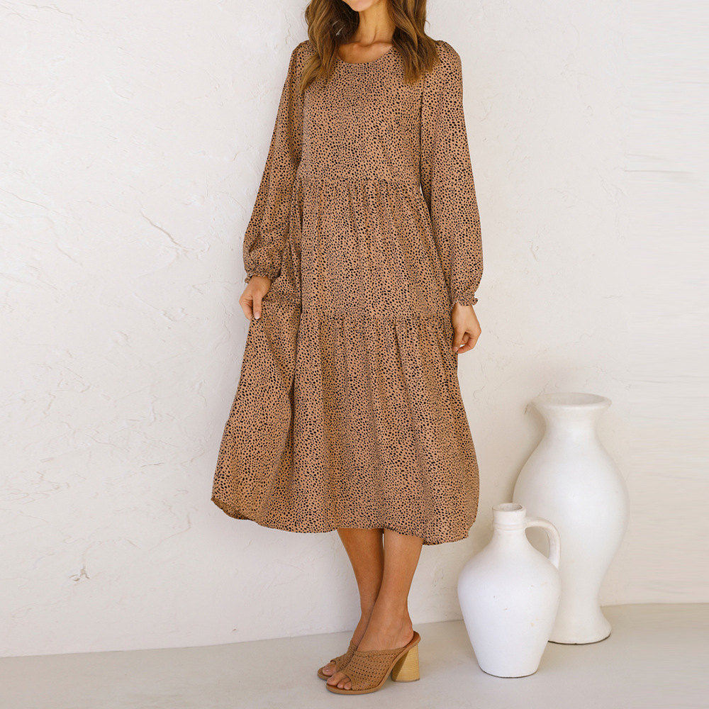 Long-Sleeved Leopard Print Pleated Dress NSJR84261