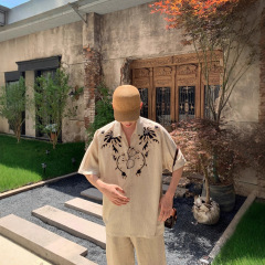 美式复古重磅刺绣度假风亚麻休闲短袖Polo衫男夏季潮牌老钱风衬衫