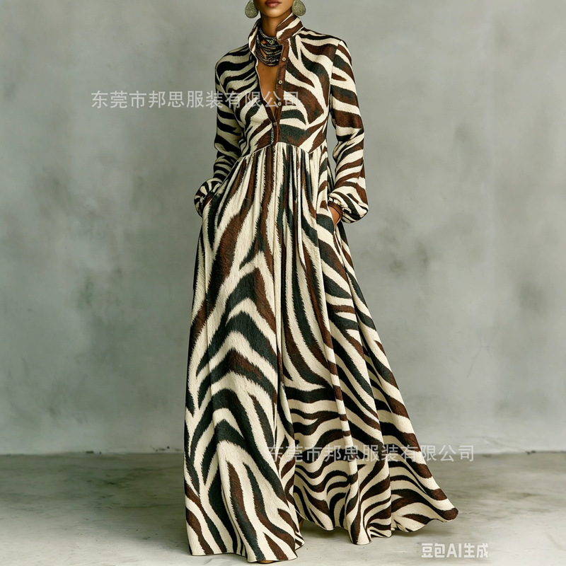 Cross-Border 2026 New Style French Retro Printed Shirt-Collar Long Dress, Elegant and Stylish Holiday-Style Dress G988 Cross-Border 2026 New Style French Retro Printed Shirt-Collar Long Dress, Elegant and Stylish Holiday-Style Dress G988