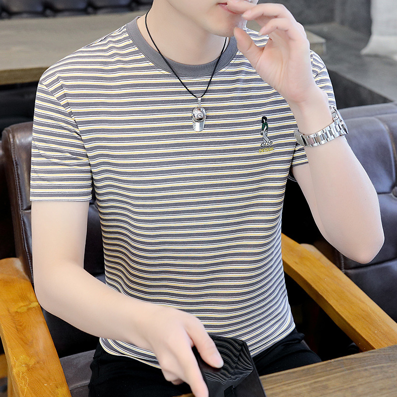 Cross-border summer new men's short sleeve T-shirt men's cotton round neck striped half sleeve T-shirt men's round neck short sleeve