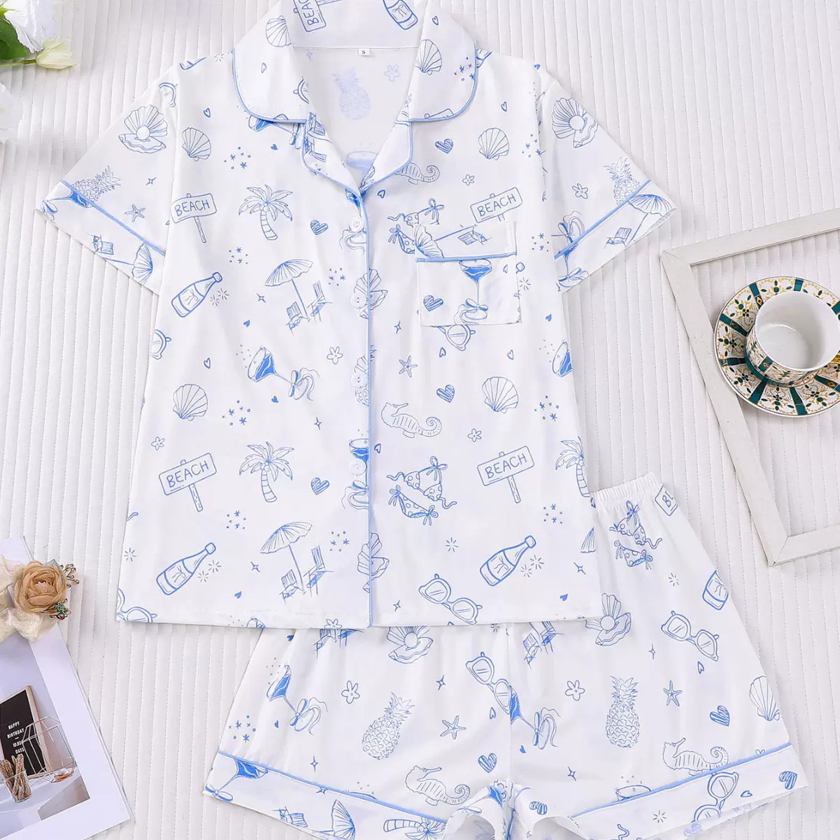 跨境外贸新款女士睡衣印花翻领短袖短裤欧美家居服开衫宽松舒适