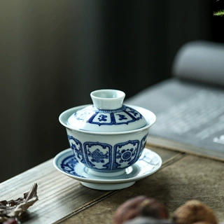 重工八宝纹茶器景德镇手绘仿古青花手拉坯防烫泡茶碗仿宋束腰盖碗