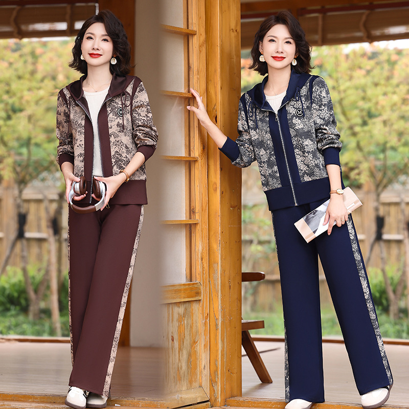 Middle-aged and elderly women's casual sweater two-piece 2024 new spring and autumn fashion foreign style mother sportswear suit