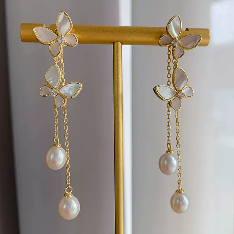 天然淡水珍珠耳环仙美贝壳蝴蝶长款水滴珍珠耳坠 18k包金银针耳钉