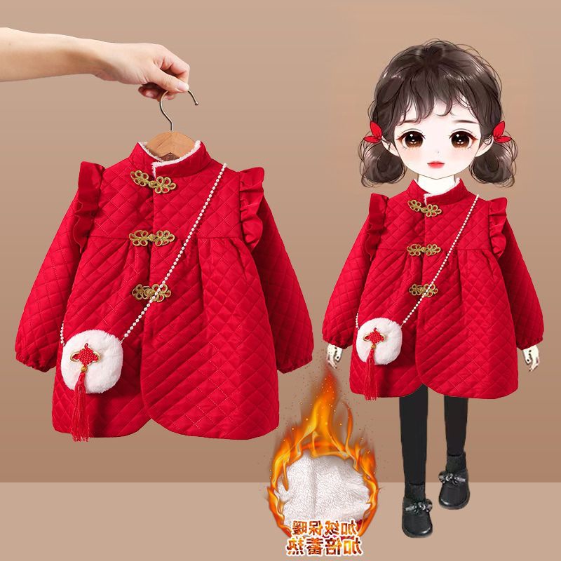 女童秋冬装棉服新款加厚绒女宝宝红色周岁女孩冬季礼服拜年服