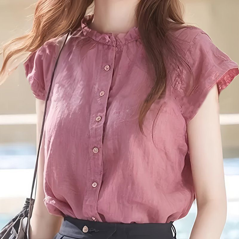 ファッショナブルなスタンドカラーと小さなフライングスリーブシャツ、ニッチな夏のユニークで美しい半袖シャツトップ|undefined