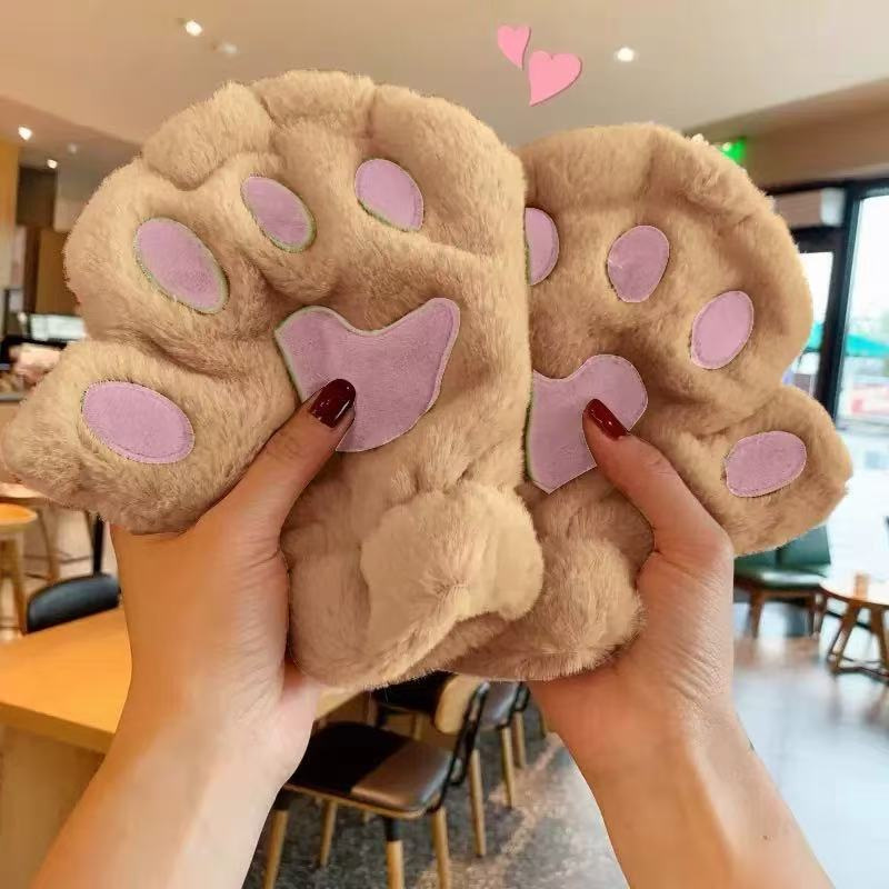 可爱卡通猫爪手套冬季保暖熊爪毛绒手套学生写字防寒半指手套批发|undefined