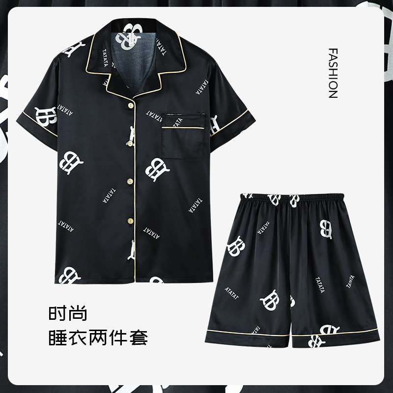 Pijamas de los hombres de verano de seda de hielo de manga corta de tres piezas traje de alta calidad de seda real japonés ins carta simple ropa para el hogar