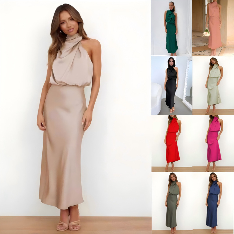 2026 Spring/Summer Hot Selling Acetate Satin Dress European and American Style Cocktail/Bridesmaid Dress Elegant Sleeveless Evening Gown for Women